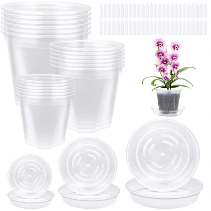 Set 18 ghivece transparente pentru orhidee, din polipropilena foarte rezistenta, 3 marimi 10x9x8/12x11x10.5/15x14x13.5 cm, cu orificii de drenaj si permite vizualizarea radacinilor, transparent, 3 tavi, 100 etichete