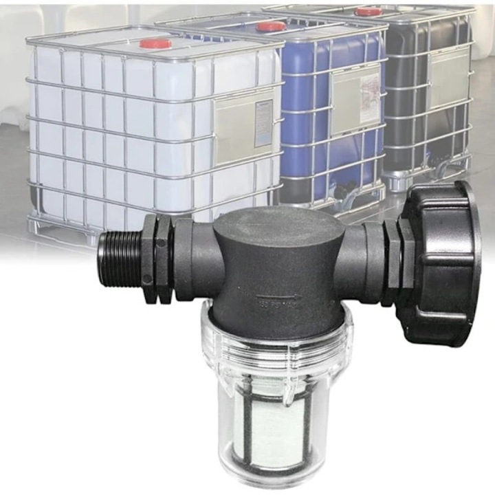 Racord rezervor IBC S60x6 pentru 1000L, adaptor furtun gradina 3/4'' filet exterior, cu filtru detasabil, filtru din fibra fina de aluminiu, retine frunze si impuritati grosiere, negru/transparent, 1 buc