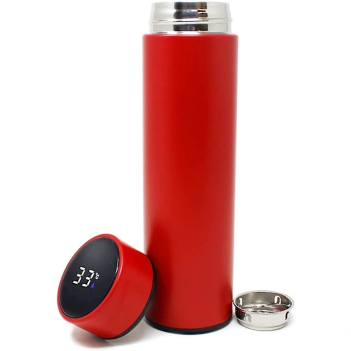 Termos, afisaj temperatura, 500ml, rosu, inox