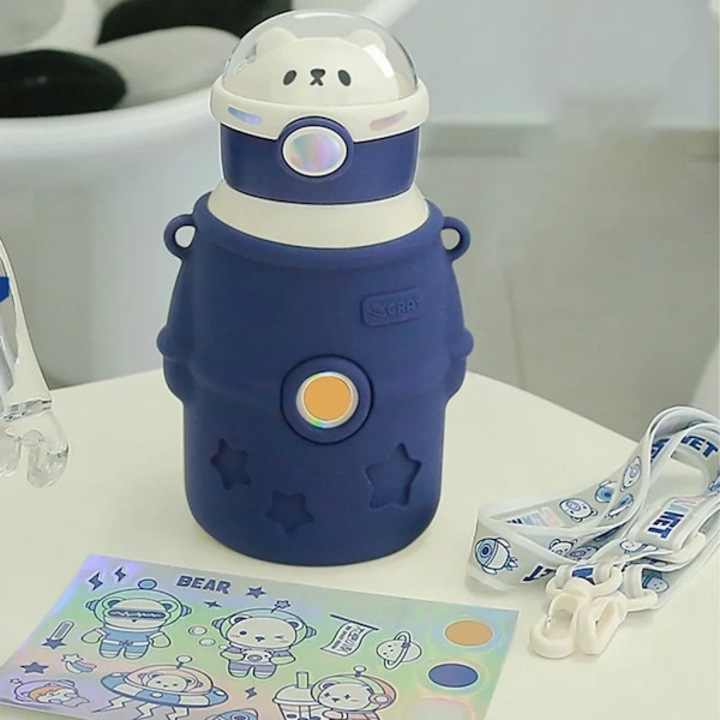 Sticla termo pentru copii Astronaut, cana izolata din inox, dublu perete, cu pai si husa din silicon, etansa, albastru