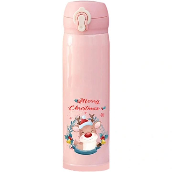 Sticla termica pentru copii, termos, design Craciun cu ren, otel inoxidabil 304, dublu perete, pastreaza rece 24h/cald 12h, roz, 500ml