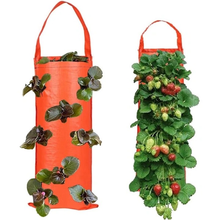 Set 2 bucati, sac de cultivare vertical pentru capsuni, plantator suspendat cu 8 orificii semi-inchise, design respirabil cu drenaj pentru evitarea putrezirii radacinilor, Portocaliu