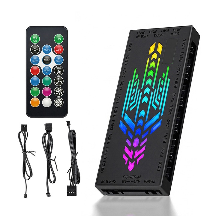 ARGB и PWM HUB 10 порта за A-RGB и PWM вентилатор за кутия с контролер и SATA захранващ вход, магнитен гръб Splitter 5V/3PIN ARGB адаптер за вентилатор за кутия PWM ARGB вентилатор, Черен