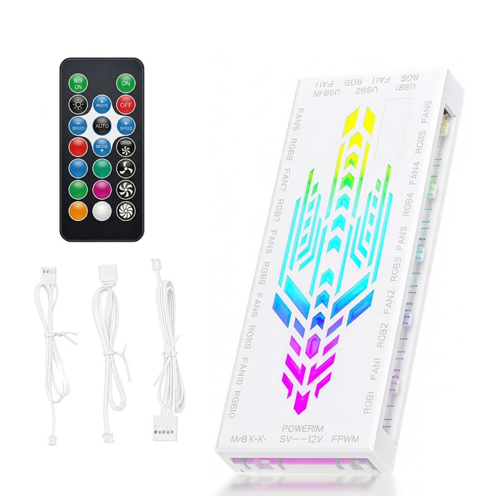 ARGB и PWM HUB 10 порта за A-RGB и PWM вентилатор за кутия с контролер и SATA захранващ вход, магнитен гръб Splitter 5V/3PIN ARGB адаптер за вентилатор за кутия PWM ARGB вентилатор, бял