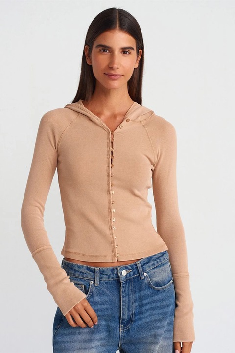 Bluza scurta, Dilvin, maneci lungi, gluga, Natural, bumbac-elastan