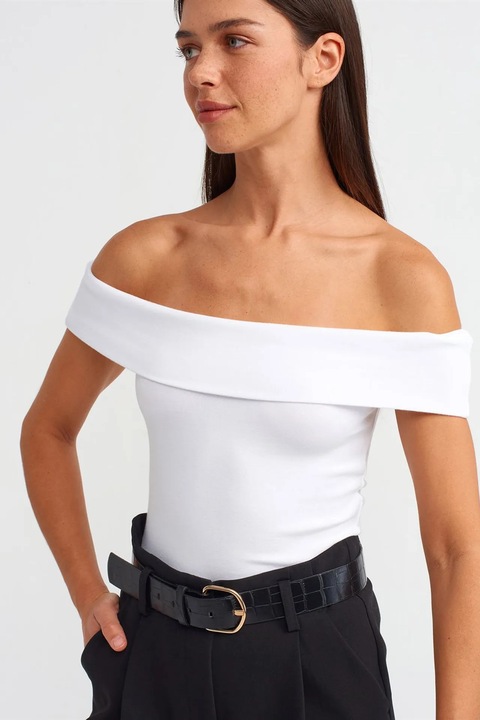 Bluza dama, Dilvin, bluza slim-fit cu umeri goi, alb, elastic, bumbac/modal/elastan