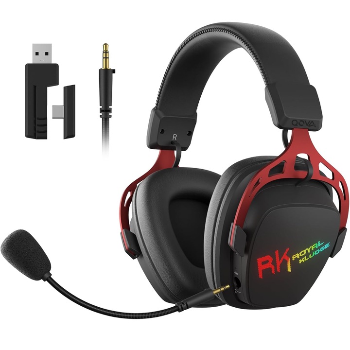 Casti Gaming Wireless RK Royal Kludge, Bluetooth 5.3 + 2.4GHz + Jack 3.5mm, Sunet Virtual 7.1, Drivere 50mm, Microfon Detasabil cu anulare a zgomotului, RGB, Baterie 1000mAh, Autonomie 40 Ore, Compatibile PC/PS5/PS4/PC/Switch/Xbox, Negru