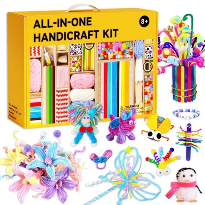 Kit de activitati manuale pentru copii, set creativ all-in-one, materiale sigure fara BPA, non-toxice si fara miros, certificat ASTM, include materiale diverse si sac de depozitare, Multicolor, 1 set