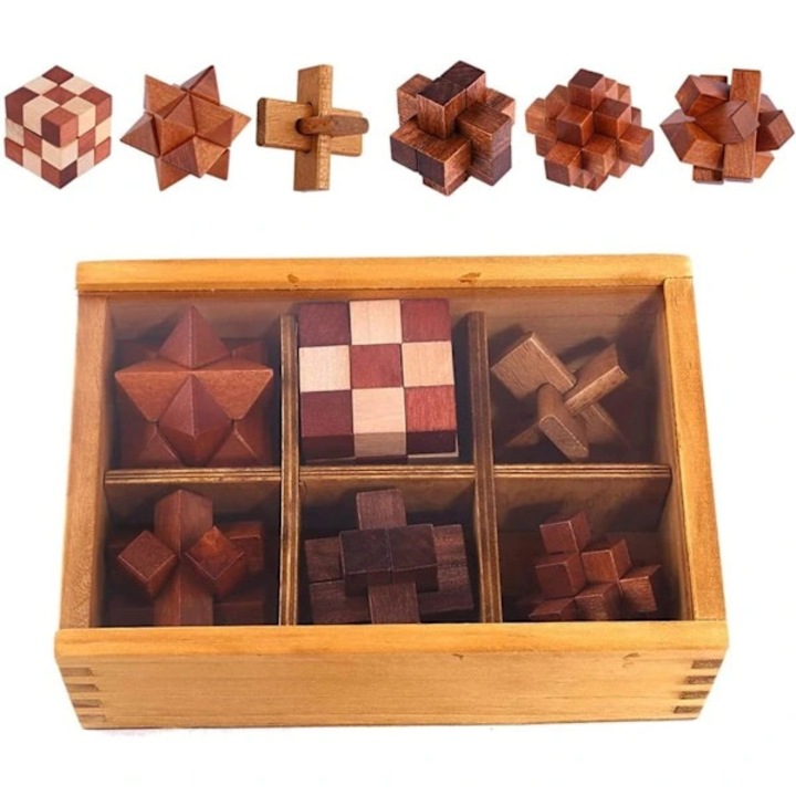 3D дървен пъзел комплект, 6 части, логически, 4.5x4.5x4.5см, многоцветен