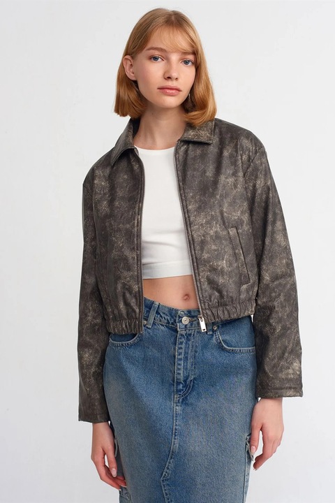 Geaca bomber scurta, Dilvin, piele ecologica, gri antracit, imprimeu abstract, inchidere cu fermoar