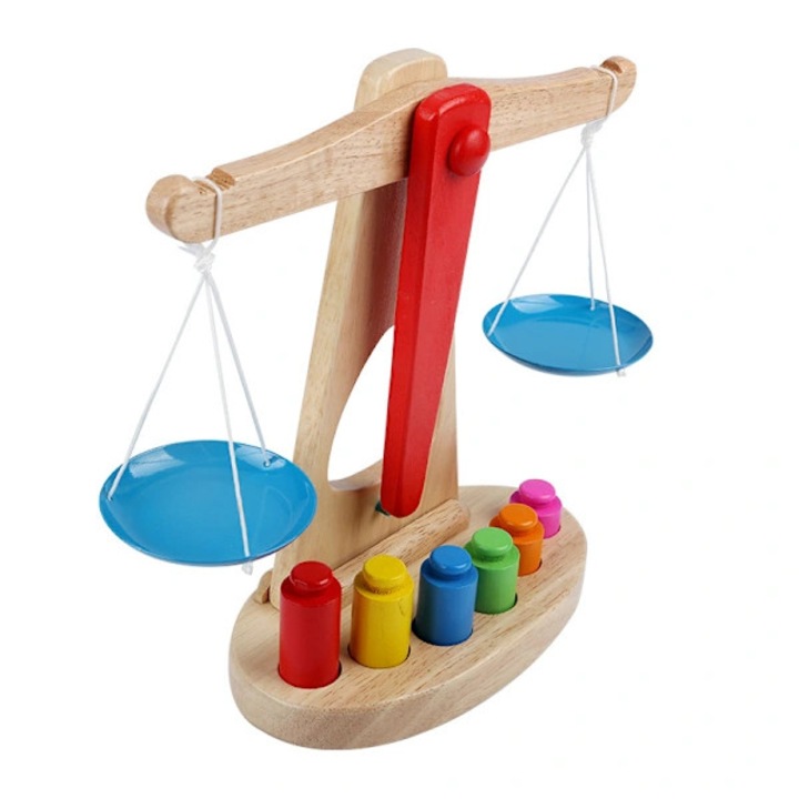 Fából készült oktató mérleg, Montessori egyensúlyozó játék színes blokkokkal a korai tanuláshoz és matematikai fogalmakhoz, többszínű, 1 db, 27.2x25x5 cm