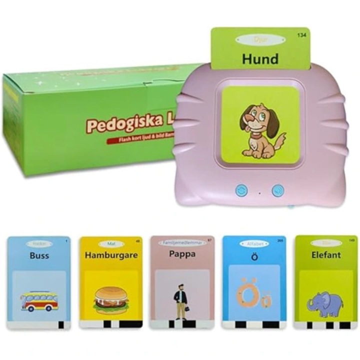 Set flashcards educationale interactive (carduri didactice), cititor audio reincarcabil USB cu autonomie 6-8 ore, design rezistent la apa si colturi rotunjite, Roz, 112 carduri (224 pagini)