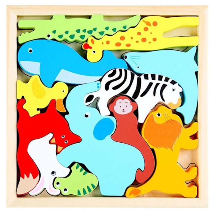 Puzzle lemn animale salbatice, 16.6x16.6x1.2 cm, multicolor, set educational copii