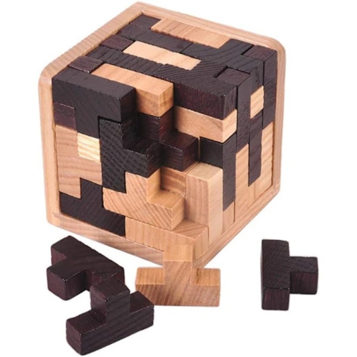 Puzzle din lemn T-format 54 piese, 3D pedagogic pentru antrenament mental, negru/natural, 7x7x7 cm