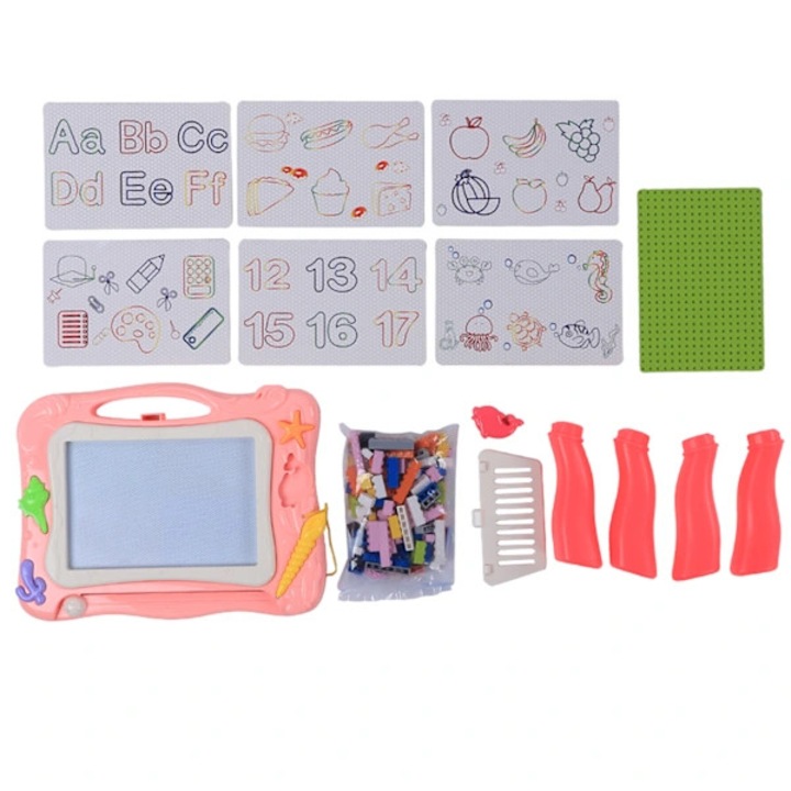 Tabla de scris magnetica pentru copii, tablita multifunctionala, radierabila, cu accesorii si piese de construit, Roz, 27,5x7,5x34 cm