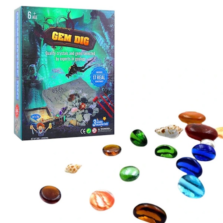 Kit excavare pietre pretioase Gem Dig, educational, cu pietre reale si instrumente de sapat, multicolor, 1 set