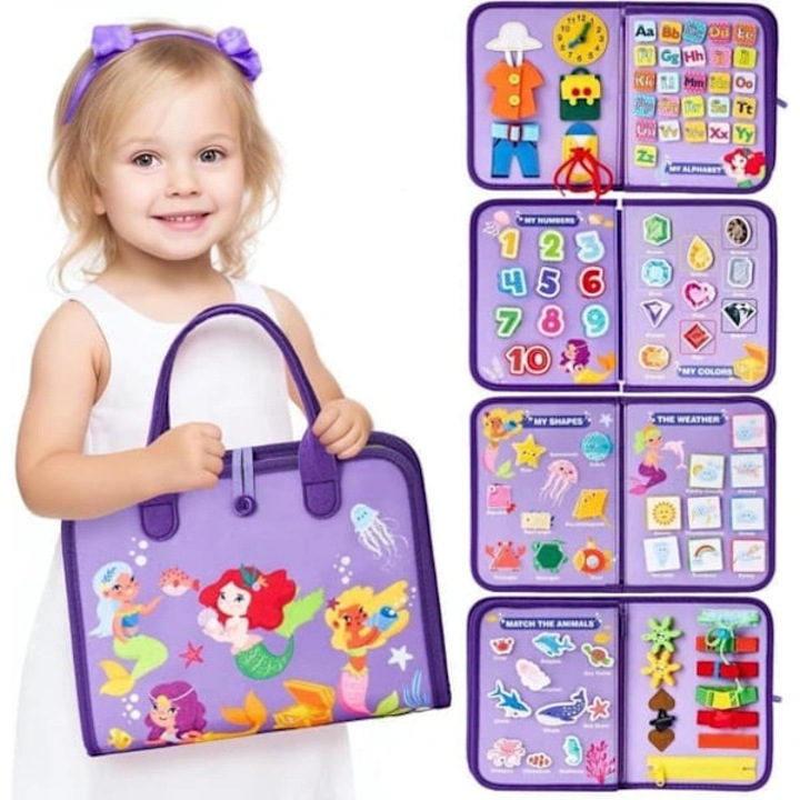 Carte activitati montessori 12 pagini interactive cu nasturi, fermoare si snururi, fetru moale, violet, 28x22,6 cm, 1 buc
