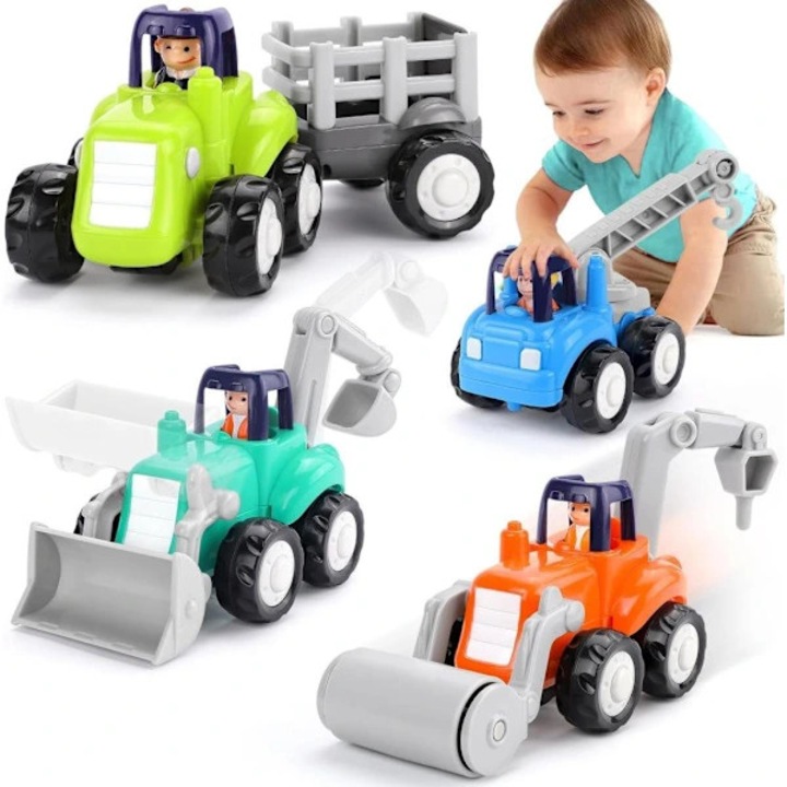 Set 4 bucati, Vehicule de constructie (macara, excavator, incarcator, tractor cu remorca), cu frictiune si inertie, fara baterii, din plastic ABS fara piese mici, Multicolor