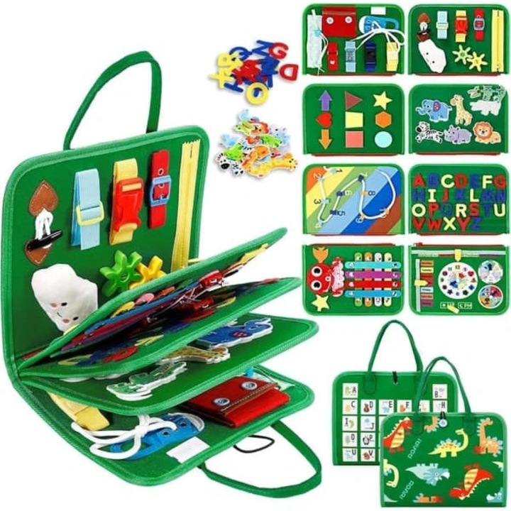 Carte activitati montessori, carte senzoriala pentru copii, 12 pagini interactive cu capse, fermoare si sireturi, forme si litere, din fetru moale, portabila 28x22,6 cm, verde, 1 buc