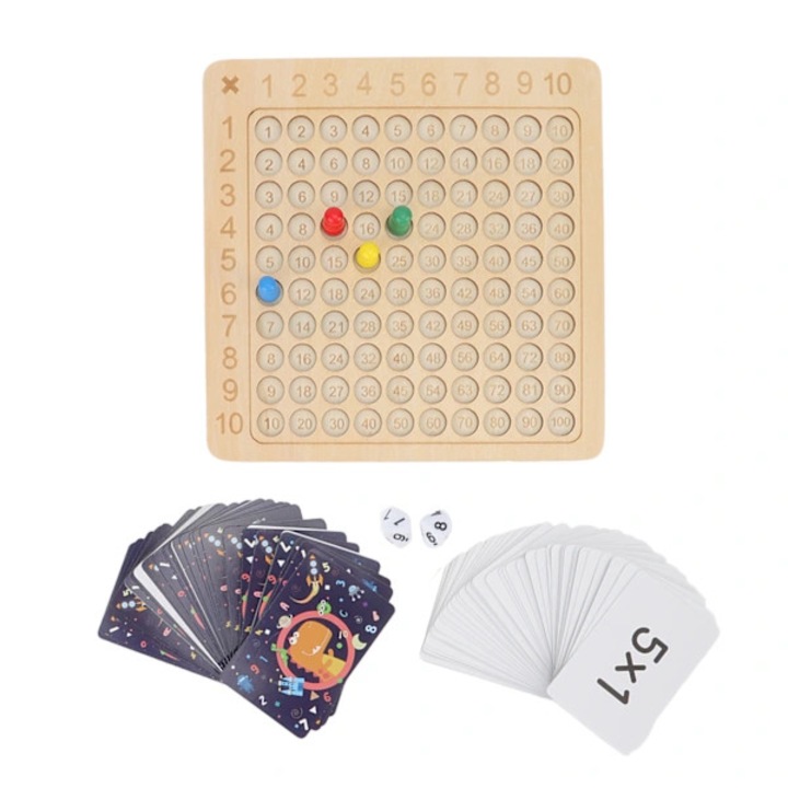Tabla de multiplicare, Montessori, jucarie educativa matematica, din lemn, cu 100 cartonase si accesorii (2 zaruri, 4 pioni), natur/multicolor, 1 set