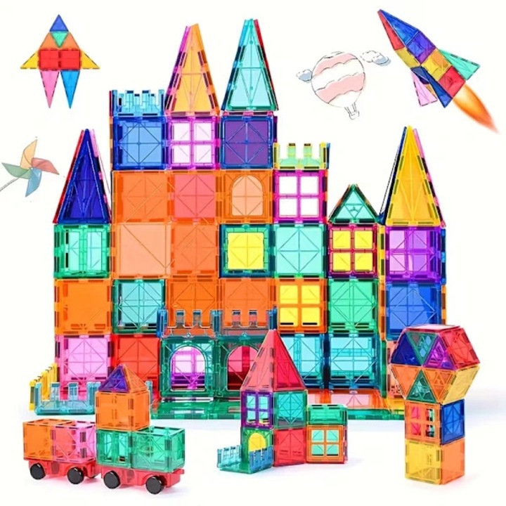 Set blocuri magnetice, piese magnetice colorate pentru constructii, cu 2 baze rulante pentru masinute, din ABS non-toxic, educational STEM, Multicolor, 100 piese