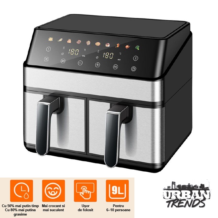 URBAN TRENDS® Prémium Dupla Airfryer, Olaj Nélkül, 9L Kapacitás, 1900 W Teljesítmény, 8 Előre Beállított Program, Maximális Hőmérséklet 200˚C, Fekete, Rozsdamentes Acél