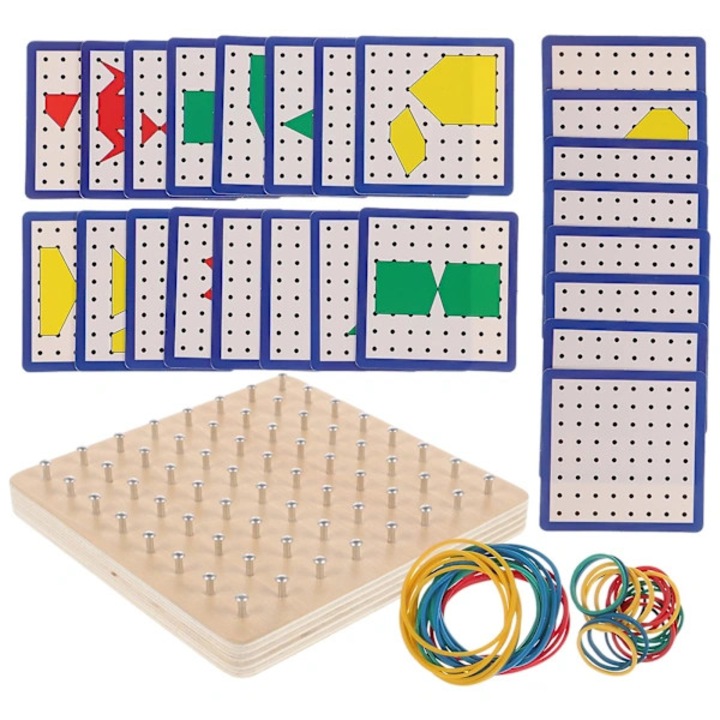 Placa pedagogica cu pioneze din lemn pentru invatare matematica, jucarie educativa, cu elastice colorate, dezvolta motricitatea fina si intelegerea formelor, 14,5 x 14,5 cm, Multicolor, 1 set