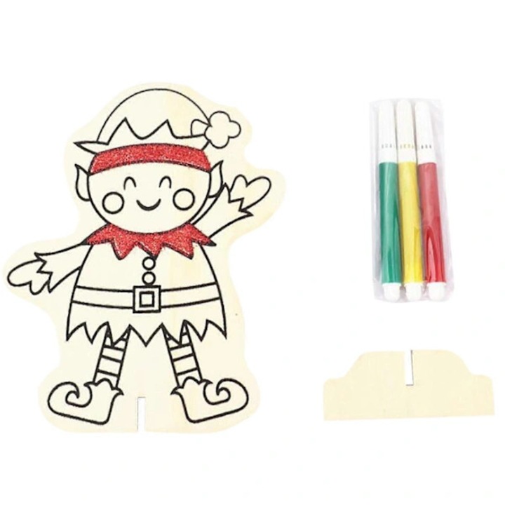 Set decoratiuni din lemn pentru Craciun DIY, include ornament 15x12 cm si 3 markere, Multicolor