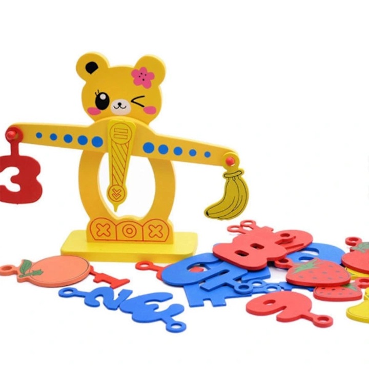 Set jucarie educativa balansa matematica din lemn, interactiva pentru mai multi jucatori, netoxica si sigura pentru copii, Multicolor, 1 set (1 balansa, 1 baza, 14 blocuri numere, 10 blocuri fructe)