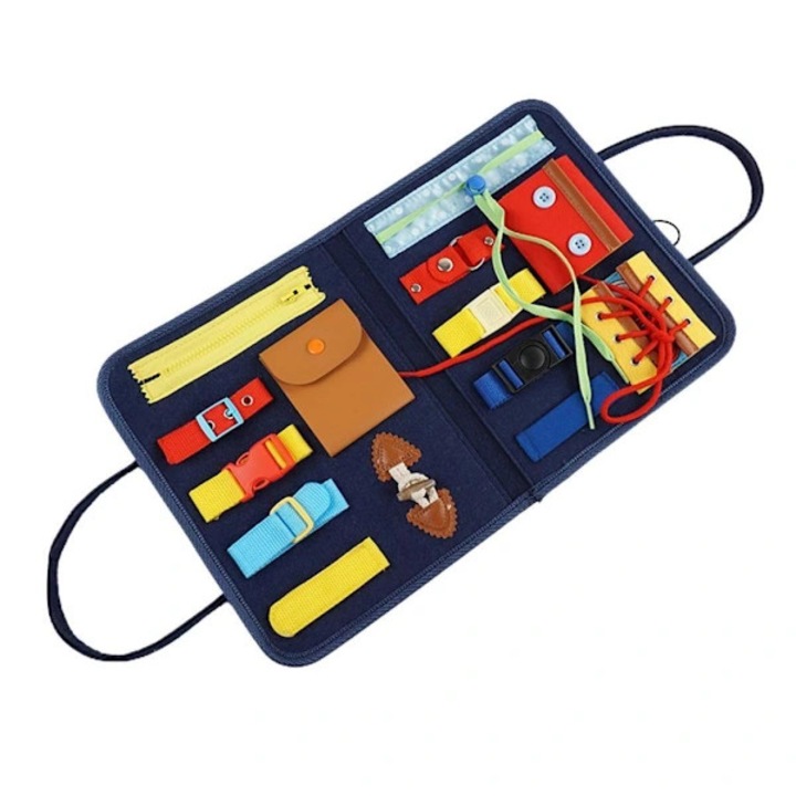 Tabla activitati Montessori, jucarie educativa BusyBoard, 14 accesorii (siret pentru invatat legatul, fermoar, nasturi, catarame), din pasla moale, portabila pentru dezvoltarea motricitatii fine, Multicolor, 1 set, 28x22,6x32 cm