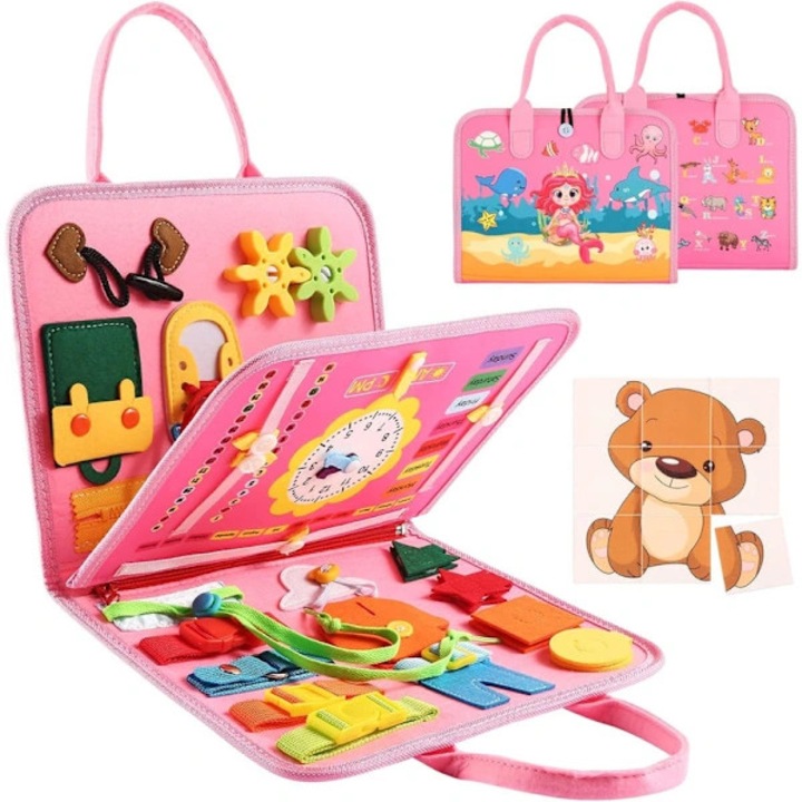 Jucarie educativa/tabla de activitati Montessori cu elemente interactive (fermoar, nasturi, sireturi, puzzle, ceas si calendar), strat detasabil pentru joc suplimentar, din material moale non-toxic, portabil, Roz, 1 buc