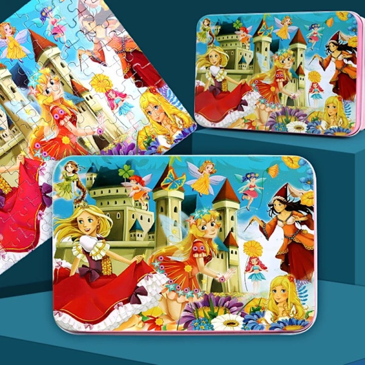 Puzzle 100 db-os fa kirakó fém dobozban, kétoldalas mintákkal (teljes kép és számokkal ellátott oldal), oktató jellegű óvodásoknak/gyerekeknek, Többszínű, 1 szett