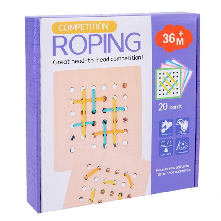 Joc de snuruit educativ din lemn, 20 cartonase cu modele progresive, 3 snururi, dezvolta coordonare mana-ochi si dexteritate fina, Multicolor, 17.2x17.2x3 cm