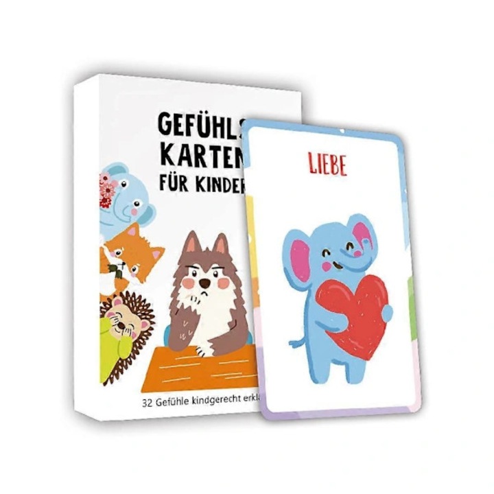 Set de carduri educative Emotii bilingv Engleza/Germana, pentru gestionarea emotiilor, material hartie 7.7x12 cm, Albastru, 32 bucati