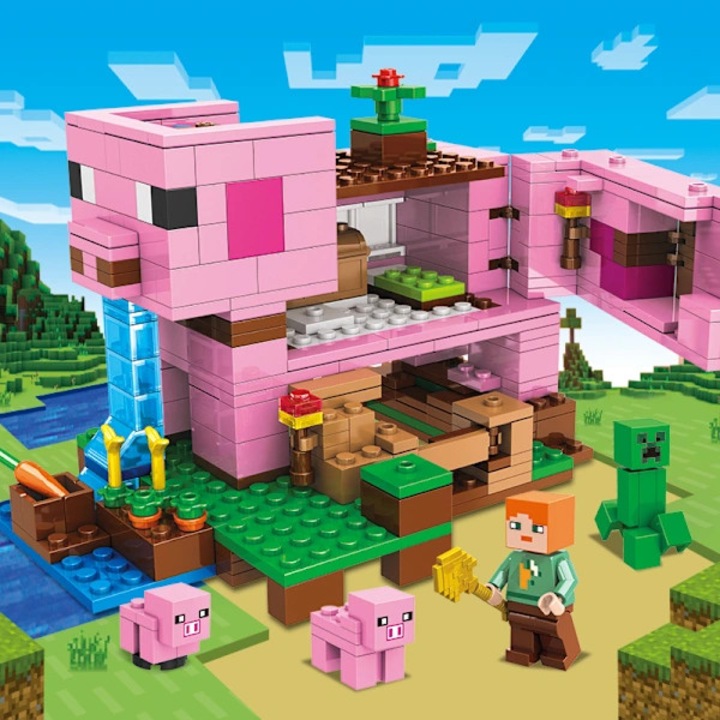 Minecraft Phantom Ninja Malac ház építőjáték készlet, mikroépítőkockák, oktató, moduláris, minifigurákkal és állatokkal, Rózsaszín