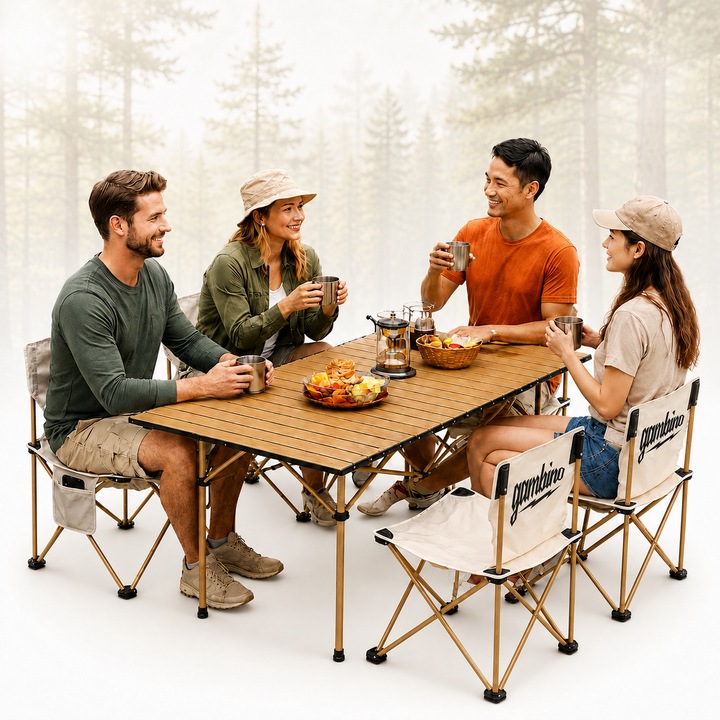 Set de camping, Masa Pliabila cu 4 Scaune, GAMBINO, 95x55x50 cm, Set Camping Portabil din Aluminiu, Geanta Transport Inclusa
