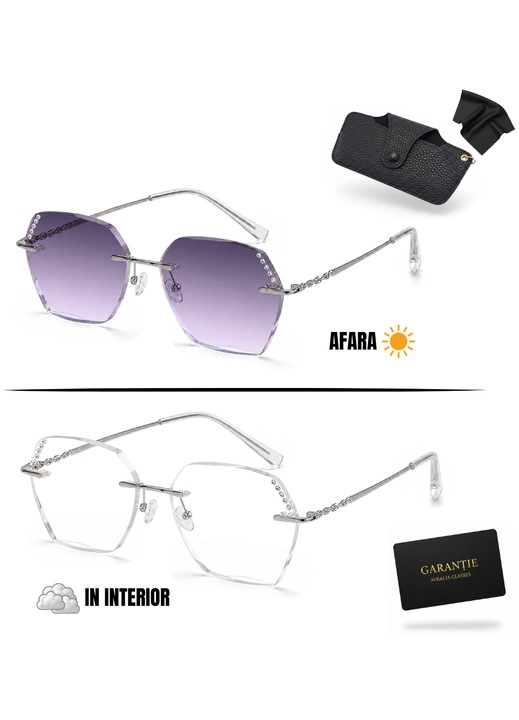Ochelari de Soare Heliomati, Rama Rimless Silver cu Cristale, Lentile Heliomate Violet, Protectie UV400, Garantie, Pachet Complet