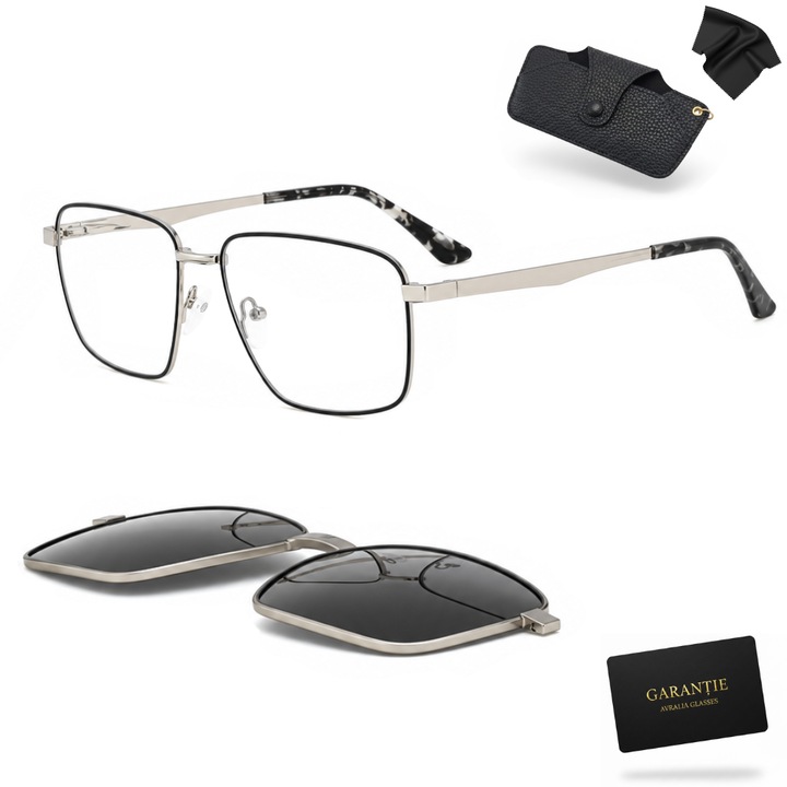 Rama Ochelari Barbati + Clip-on Magnetic de Soare Polarizat, Protectie UV400, Rama Metalica Silver, Lentile Antireflex, Toc si Husa Incluse, Garantie 1 An