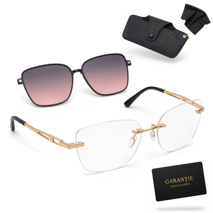 Rama Ochelari Femei + Clip-on Magnetic de Soare Polarizat, Protectie UV400, Rama Metalica Gold, Frameless, Lentile Antireflex, Toc si Husa Incluse, Garantie 1 An