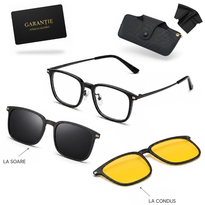 Rama Ochelari AVRALIA 3 in 1 Barbati, 2 Clip-on Magnetic Polarizat (Soare + Condus), Protectie UV400, Toc, Garantie 1 An