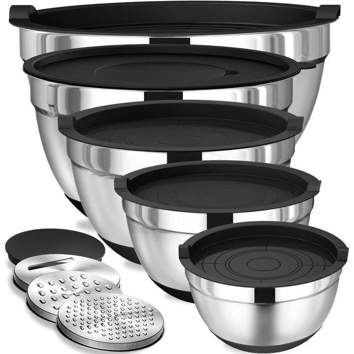 Set 5 Boluri Inox cu Capace, Simply Joy®, Baza Silicon Antiderapanta, cu capac din plastic, Inox, Inchidere Ermetica, Boluri mixare cu baza rotunda, Bol bucatarie pentru aperitive, sosuri si mese festive, 18cm+20cm+22cm+24cm+26cm, Negru