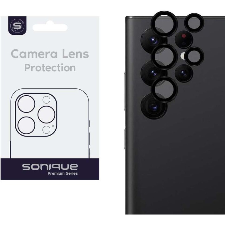 Protectie lentila camera Sonique Lens Pro compatibil Samsung Galaxy S22 Ultra, acrilic de inalta calitate, transparenta 95%, anti-soc, compatibil cu husa, negru, 1 buc