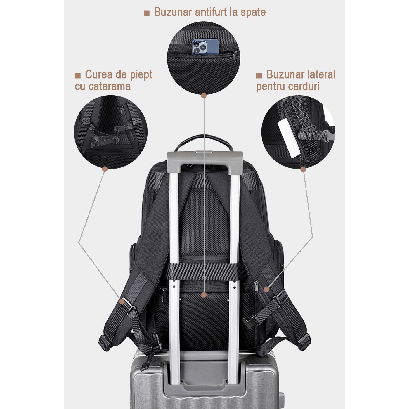 Rucsac business impermeabil 1680D, compatibil laptop 15,6", cu USB-A si Type-C. Se deschide la 180°, are multiple compartimente si este acceptat ca bagaj de cabina. Ideal pentru naveta, calatorii si birou. Design unisex negru, practic si rezistent