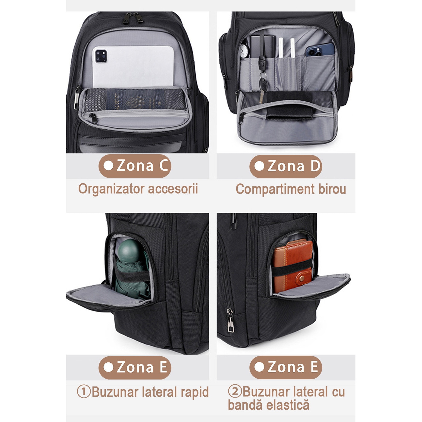 Rucsac business impermeabil 1680D, compatibil laptop 15,6", cu USB-A si Type-C. Se deschide la 180°, are multiple compartimente si este acceptat ca bagaj de cabina. Ideal pentru naveta, calatorii si birou. Design unisex negru, practic si rezistent