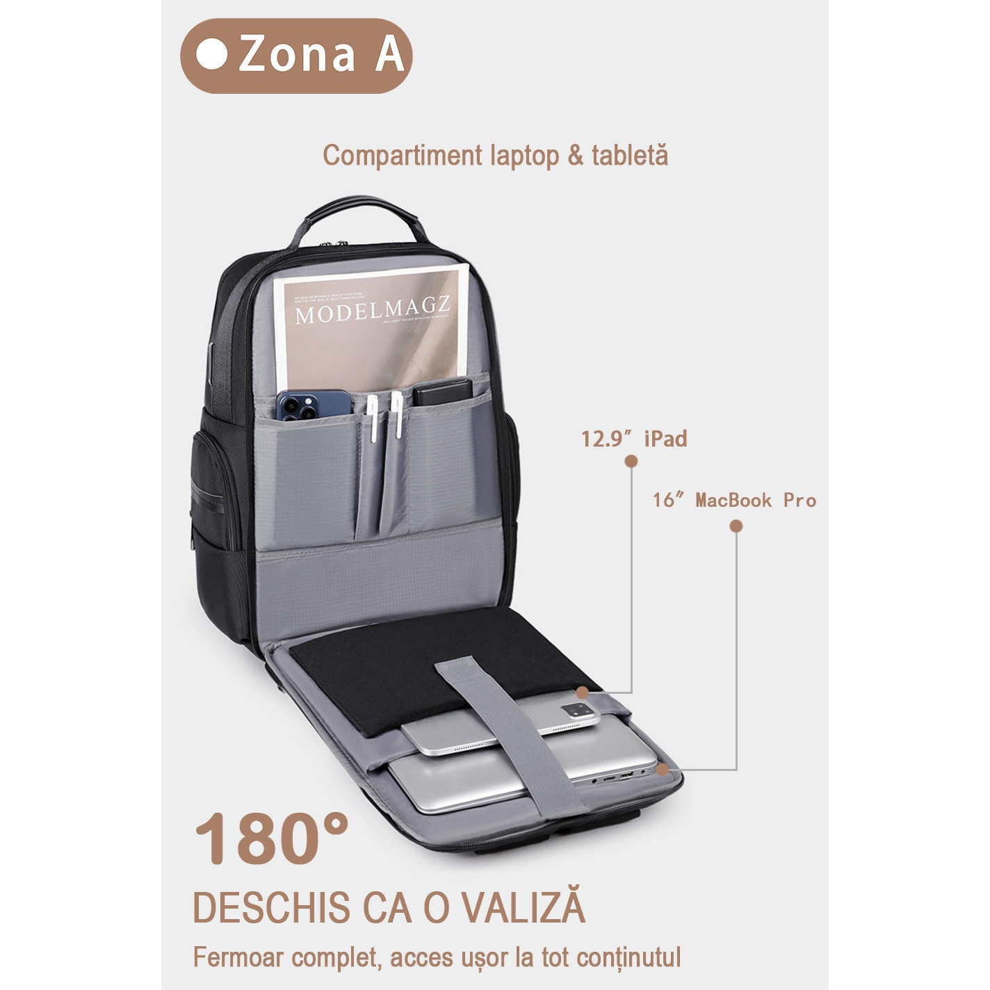 Rucsac business impermeabil 1680D, compatibil laptop 15,6", cu USB-A si Type-C. Se deschide la 180°, are multiple compartimente si este acceptat ca bagaj de cabina. Ideal pentru naveta, calatorii si birou. Design unisex negru, practic si rezistent
