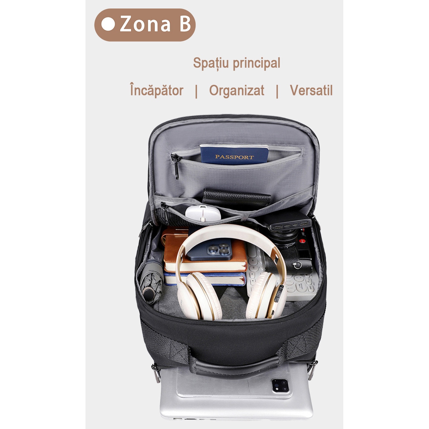 Rucsac business impermeabil 1680D, compatibil laptop 15,6", cu USB-A si Type-C. Se deschide la 180°, are multiple compartimente si este acceptat ca bagaj de cabina. Ideal pentru naveta, calatorii si birou. Design unisex negru, practic si rezistent