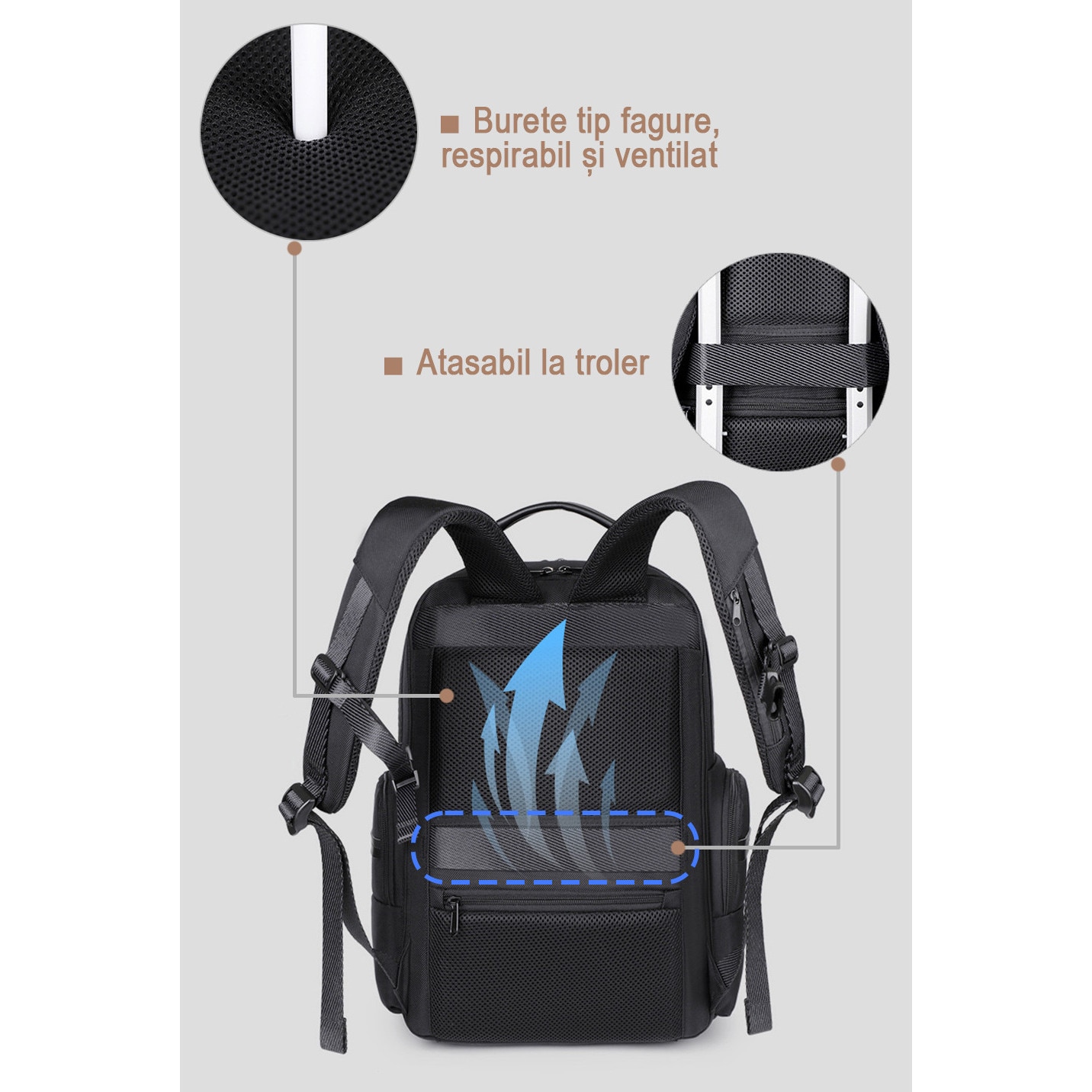 Rucsac business impermeabil 1680D, compatibil laptop 15,6", cu USB-A si Type-C. Se deschide la 180°, are multiple compartimente si este acceptat ca bagaj de cabina. Ideal pentru naveta, calatorii si birou. Design unisex negru, practic si rezistent