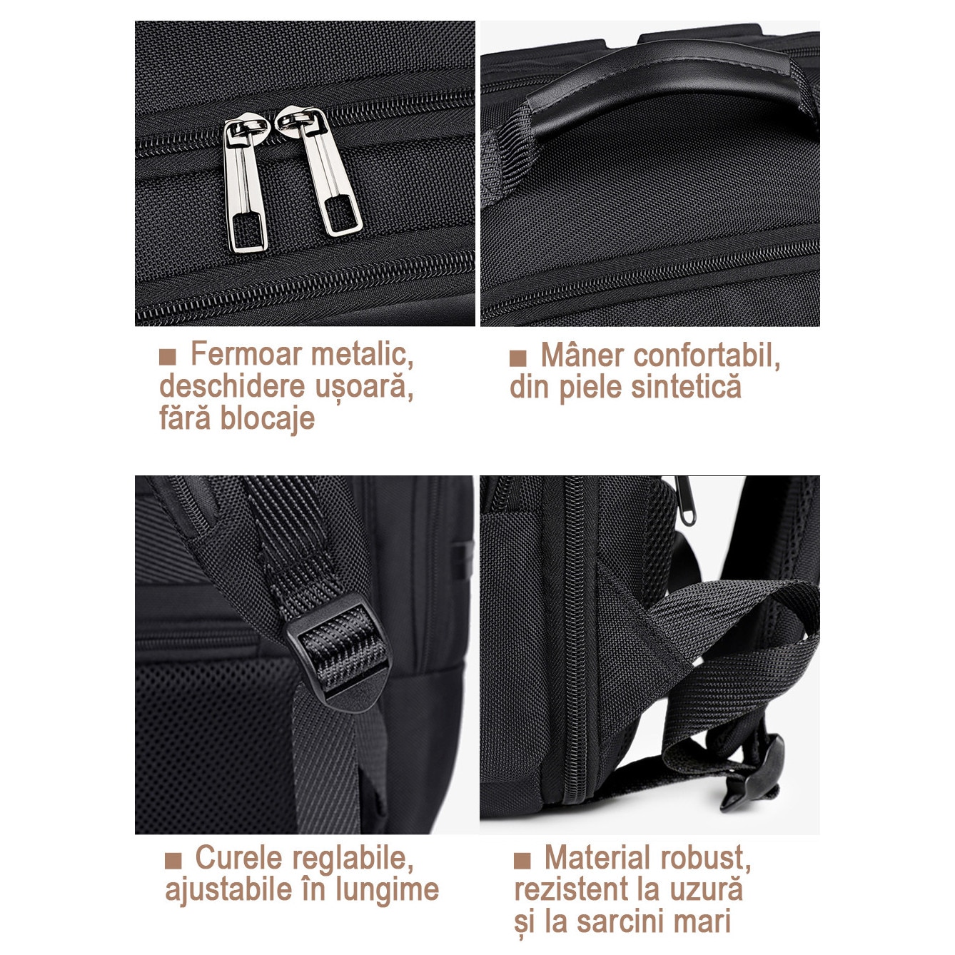 Rucsac business impermeabil 1680D, compatibil laptop 15,6", cu USB-A si Type-C. Se deschide la 180°, are multiple compartimente si este acceptat ca bagaj de cabina. Ideal pentru naveta, calatorii si birou. Design unisex negru, practic si rezistent