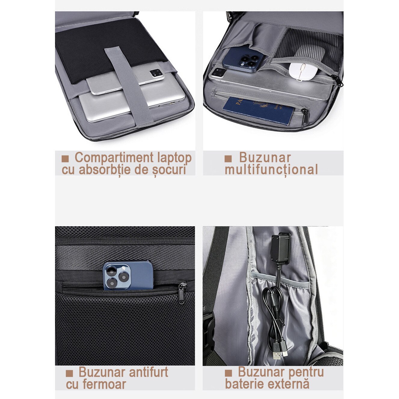 Rucsac business impermeabil 1680D, compatibil laptop 15,6", cu USB-A si Type-C. Se deschide la 180°, are multiple compartimente si este acceptat ca bagaj de cabina. Ideal pentru naveta, calatorii si birou. Design unisex negru, practic si rezistent