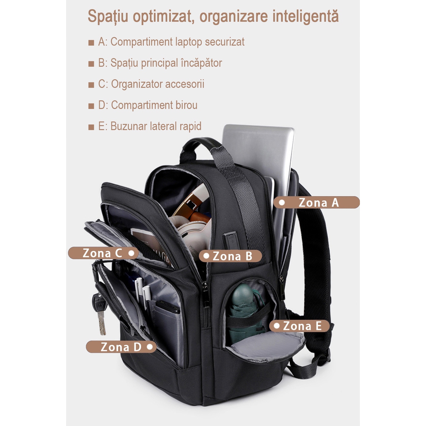 Rucsac business impermeabil 1680D, compatibil laptop 15,6", cu USB-A si Type-C. Se deschide la 180°, are multiple compartimente si este acceptat ca bagaj de cabina. Ideal pentru naveta, calatorii si birou. Design unisex negru, practic si rezistent
